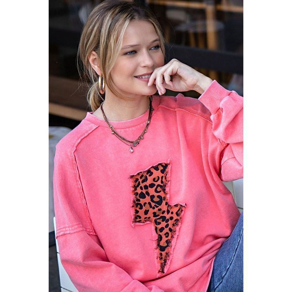 EASEL MINERAL WASHED TERRY PULLOVER CANDY CORAL LEOPARD LIGHTNING BOLT ET15723